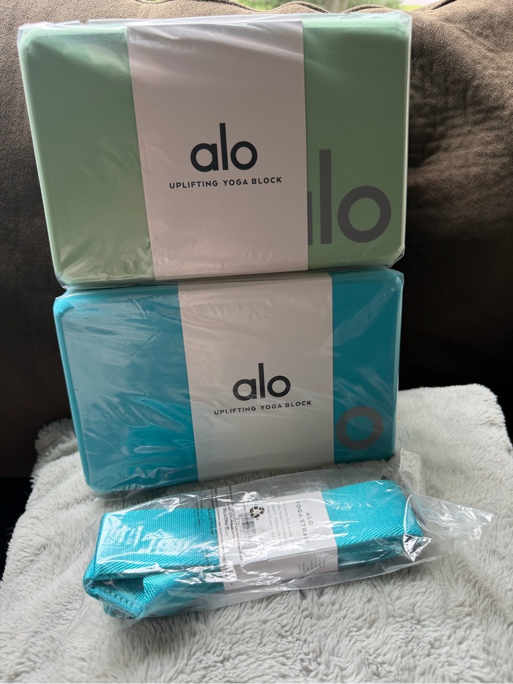 ALO Yoga Uplifting Block Set With Matching Multi Use Strap Blue/Green NEW